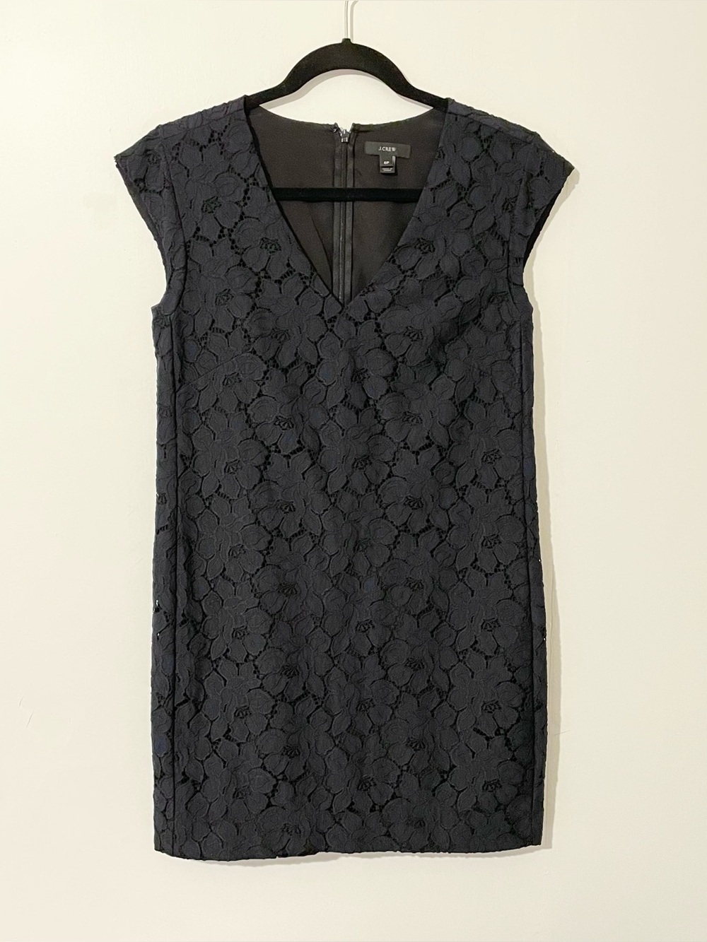 J. Crew Dark Navy Blue Floral Lace Shift Dress Cap Sleeve V Neck Size 6p Petite